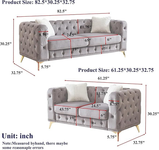 KEIKI 2-Piece Luxury Chesterfield Sofa Set with 1 Velvet 3-Seater Sofa & 1 Loveseat Sofa, Mid-Century 5-Seater Tufted Button Couch Set with 4 Pillow & High-Density Foam Cushion, for Living Room, Gray