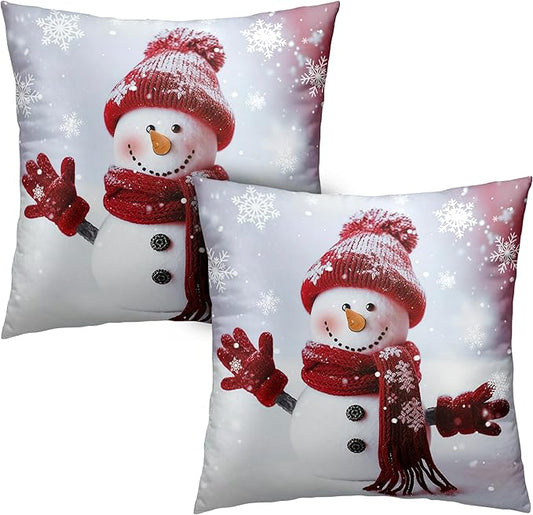 Christmas Snowman Throw Pillow Covers Winter Holiday Pillow Covers 24x24 Red Snowman with Snowflake Cushion Case for Couch Living Room Bedroom Sofa Set of 2