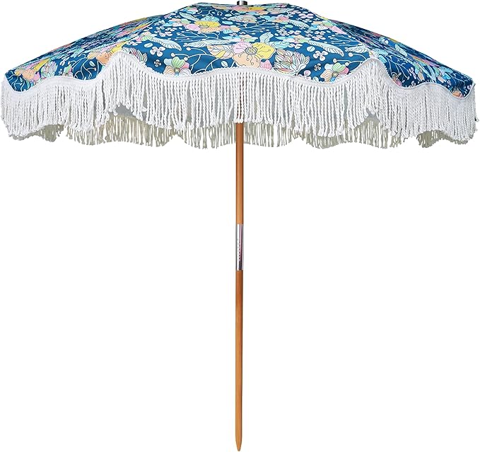 AMMSUN Beach Umbrella with Fringe, 6.5ft Boho Umbrella with Premium Wood Pole & Carry Bag, UPF 50+ Protection for Outdoor Holiday, Flowers