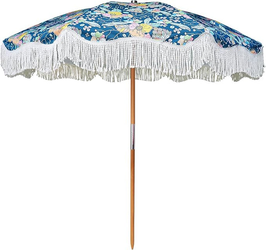 AMMSUN Beach Umbrella with Fringe, 6.5ft Boho Umbrella with Premium Wood Pole & Carry Bag, UPF 50+ Protection for Outdoor Holiday, Flowers
