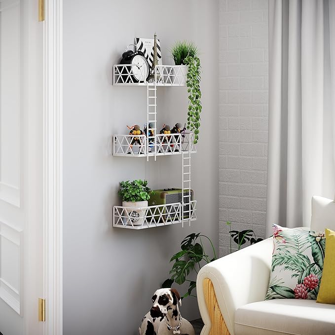 LUDOUR Fire Escape Wall Shelf - 3 Tier Fire Escape Ladder Wall Shelf 16.5 Inch Long, New York Metal Decorative Shelf for Action Figure Display, White Floating Wall Shelves for Bedroom, Home Décor.