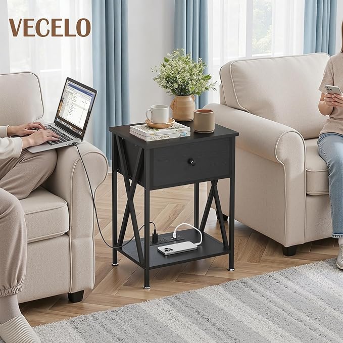 VECELO End Table with Charging Station, Night Stand with Drawers, 2-Tier Bedside Tables with USB Ports & Outlets, Side Table with Storage Shelf for Living Room/Bedroom, Black