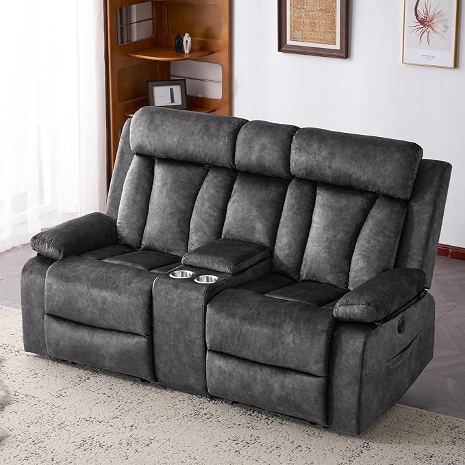 Power Reclining Loveseat with Console, Electric Double Recliner with USB/Type C/Side Pocket/Cup Holders, RV Recliners Wall Hugger Reclining Loveseat for Living Room & RV & Home Theater