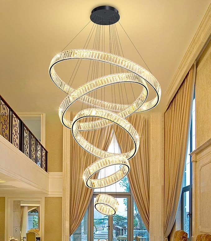 Large Ring Crystal Chandelier Modern Dimmable Chandelier High Ceiling Chandelier Round LED Ceiling Light Fixture for Foyer Long Stair Big Chandelier Black 8''+16''+24''+32''+40''