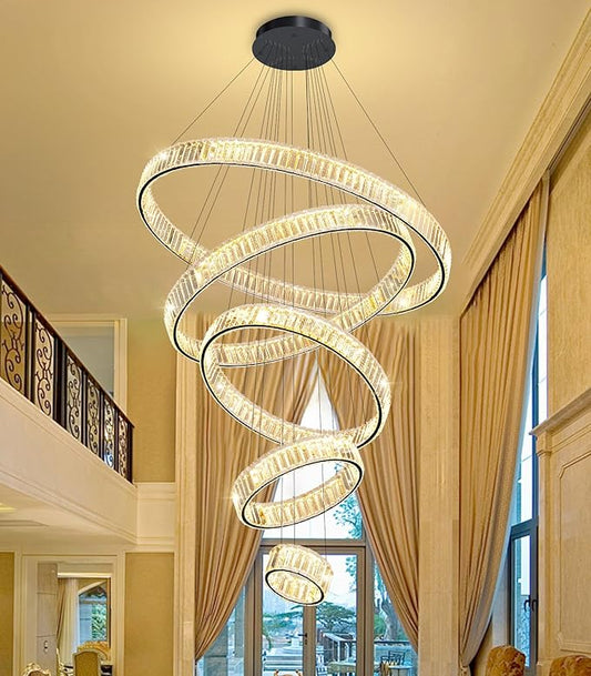 Large Ring Crystal Chandelier Modern Dimmable Chandelier High Ceiling Chandelier Round LED Ceiling Light Fixture for Foyer Long Stair Big Chandelier Black 8''+16''+24''+32''+40''