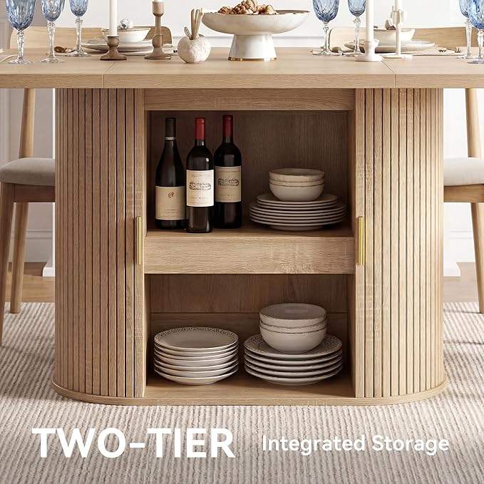 DWVO 70.9" Oval Dining Table for 6-8, Modern T-Shaped Kitchen Table with Storage Shelves & Pedestal Base, Multi-Purpose Dinner & Office Table, Light Oak