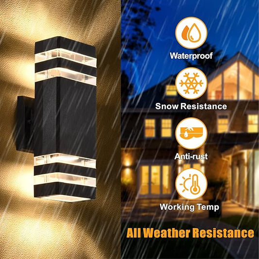 DASTOR 4 Pack Outdoor Wall Lights, Modern Exterior Lighting Fixtures Wall Mount, 2-Layer Black Outdoor Lights for House, Up and Down Lights Outdoor Sconces Wall Lighting for Porch Patio Garage