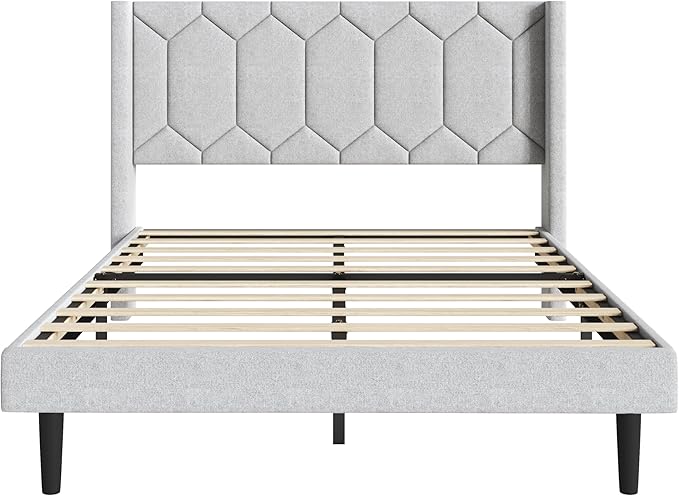 Full Size Bed Frame with Velvet Upholstered Headboard, Platform Bed Frame No Box Spring Needed, Modern Bedframe with Strong Wooden Slats, Light Gray