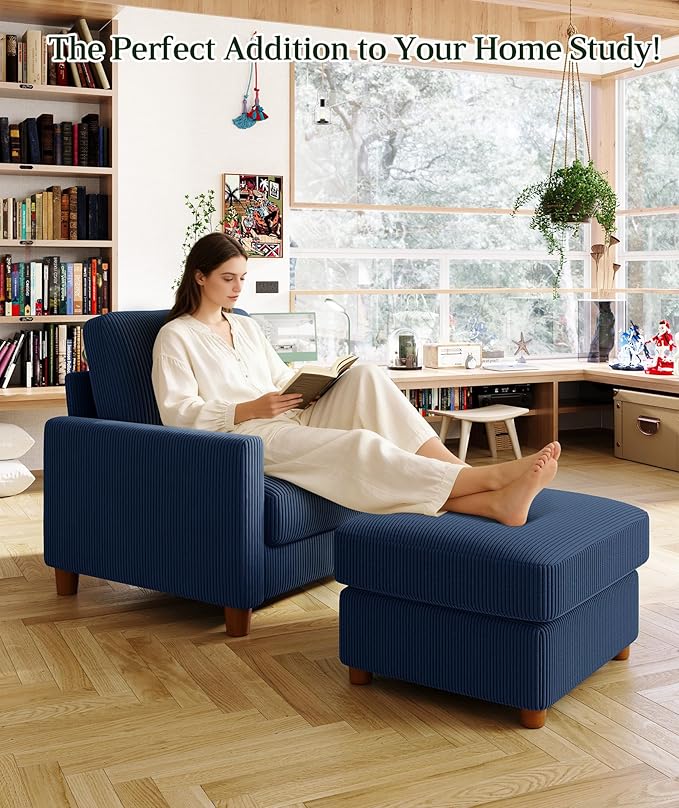 Welzona 35.3" Couches for Living Room, Comfy Blue Couch Single with 22.5" Deeper Seat, Accent Chair Tool-Free Setup, Reading Chair 440lbs Support, Corduroy Couch for Bedroom, Apartment, Office