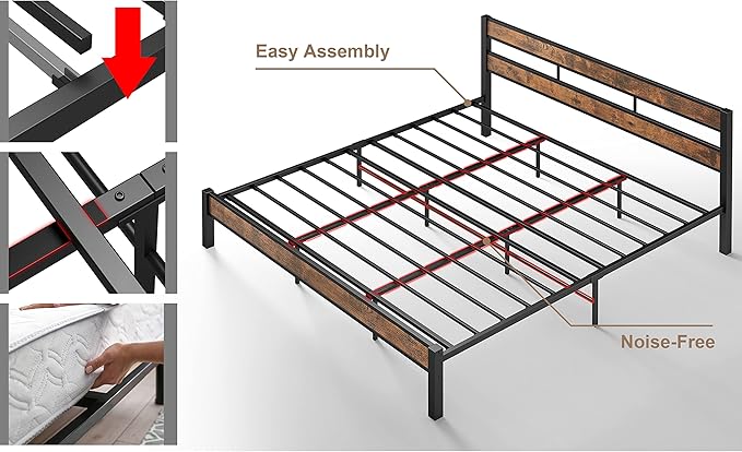 LIKIMIO King Bed Frame and Headboard, Easy Assembly, Noise-Free, No Box Spring Needed, Heavy Strong Metal Support Frames, Vintage Brown
