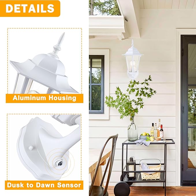 Outdoor Wall Lantern, Dusk to Dawn Exterior Wall Sconce with Clear Glass, Waterproof White Aluminum Porch Light, Anti-Rust Outside Lighting Fixtures for Patio Front Door Entryway, 1-Pack