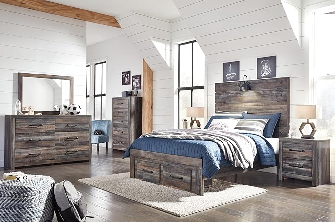 Signature Design by Ashley Drystan Rustic Full Panel Bed with 2 Storage Drawers, Sconce Light and Nailheads, Foundation or Box Spring Needed, Dark Brown & Gray