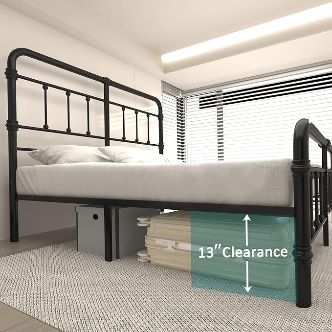 King-Size-Bed-Frame and headboard Giselle-Vintage Antique-Metal - Iron Platform Mattress Foundation,49 inch High,No Box Spring Needed(Black)