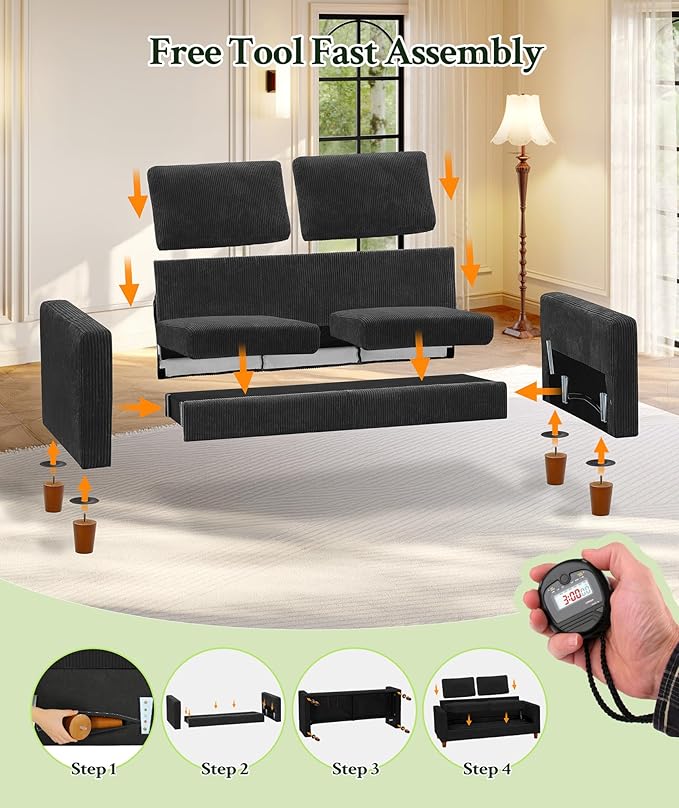 Welzona 70.2" Couches for Living Room, Comfy Black Couch 7.1" Extra Thick Cushion, Sofas for Living Room Tool-Free Setup, Loveseat Sofa 705lbs Support, Corduroy Couch for Bedroom, Apartment, Office
