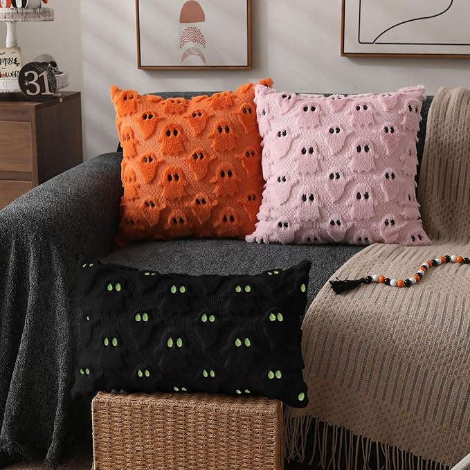 DFXSZ Halloween Pillow Covers 12x20 inch Set of 2 Black Ghost Throw Pillow Cases Soft Plush Faux Fur Wool Couch Cushion Case for Chair Sofa Bedroom Living Room Home Decor PTK03F12