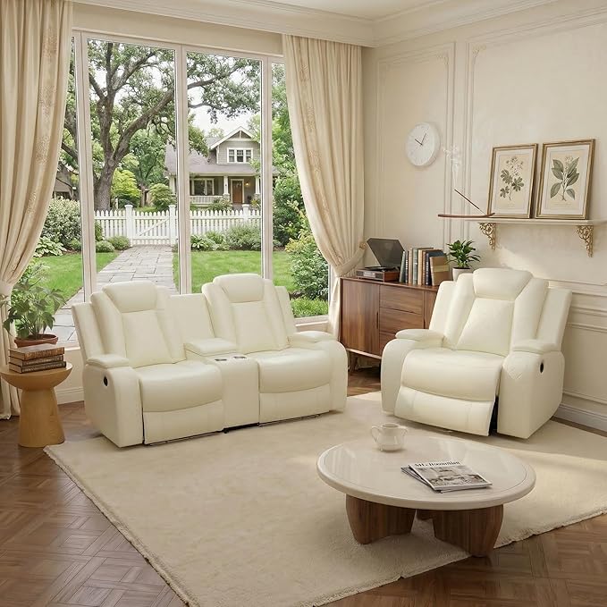 Power Recliner Sofa Set, Air Leather Reclining Couch with LED, Reclining Living Room Sofa and Loveseat Chair for House/Apartment/Office (Creamy White, LOVESEAT+Chair)