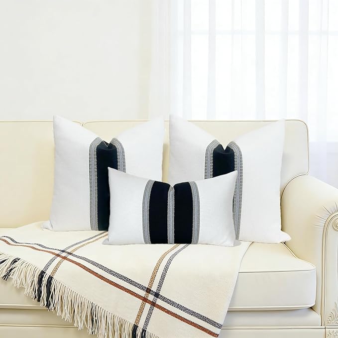 Slow Cow Pack of 2 Linen Decorative Off White and Black Patchwork Throw Pillow Covers Textured Cushion Covers for Couch Sofa Square 16 x 16 Inches