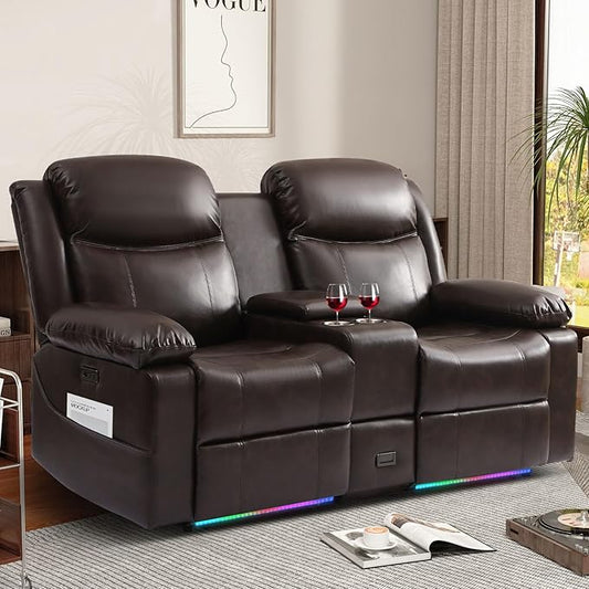 70" Power Reclining Loveseat Sofa, Electric Home Theater Seating with Motorized Buttons/Console/Storage Drawer/4 Colors Ambient Lighting/USB Port/Type-C