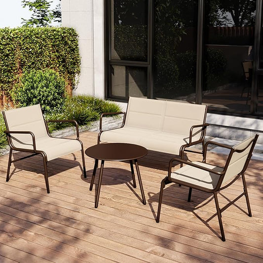 East Oak 4 Seats Outdoor Furniture Set, Waterproof Patio Furniture Set, Patio Loveseat with Coffee Table for Porch or Garden, 4-Piece Patio Conversation Sets for Balcony, Upgrade Beige
