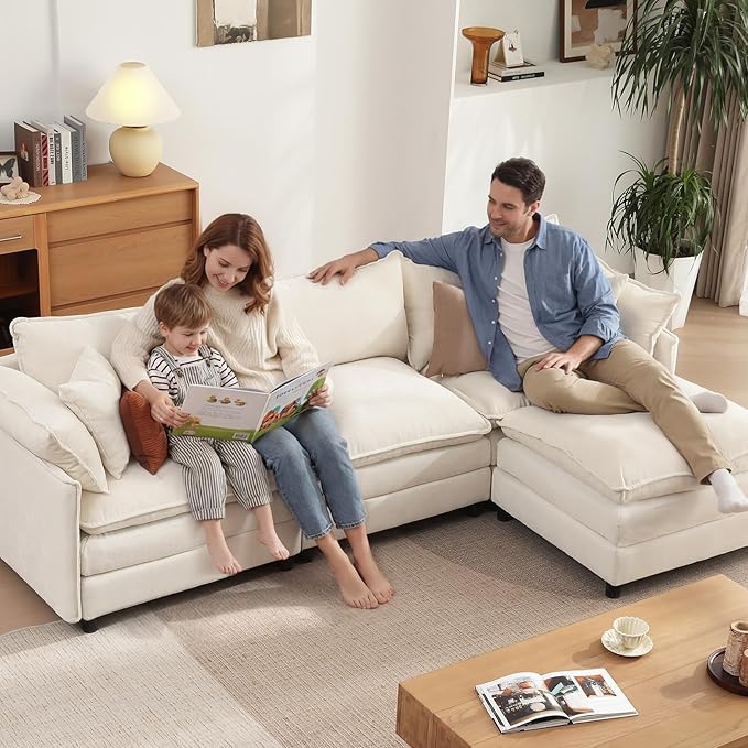 Vesgantti 108" Modular Sectional Sofa, Comfy Cloud Couch with Movable Ottoman Deep Seat Chenille L Shaped Modular Sofa, Sectional Couches for Living Room, Bedroom and Apartment, Beige White | Sink-in Comfort, Height Adjustable, Easy Rearrangement, Extr...