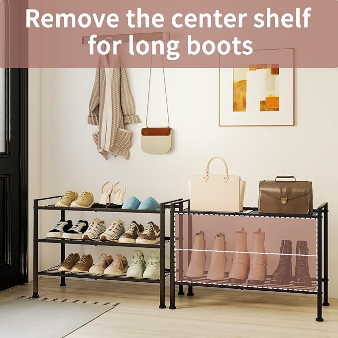 3-Tier Adjustable Shoe Rack, 26.5-Inch Wide Metal Storage Organizer for Closet Entryway, Heavy-Duty Stand for Shoes, Books, or Plants - Easy Assembly (Black)