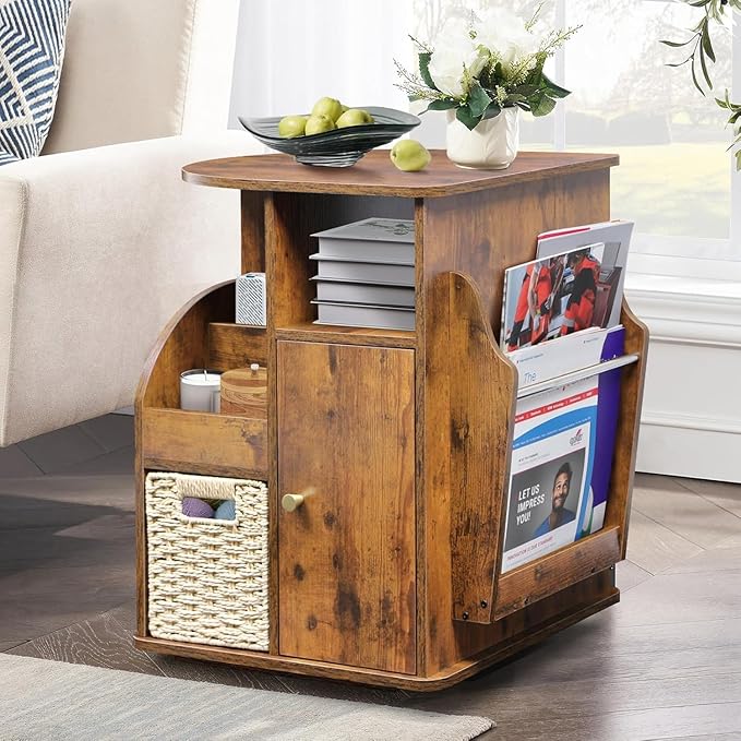 TooCust Rotating End Table with Storage, Rotating Side Table Living Room, Side Table with Magazine Holder, Basket and Cabinet, Sofa Side Farmhouse End Tables with Open Shelf (Rustic Brown)