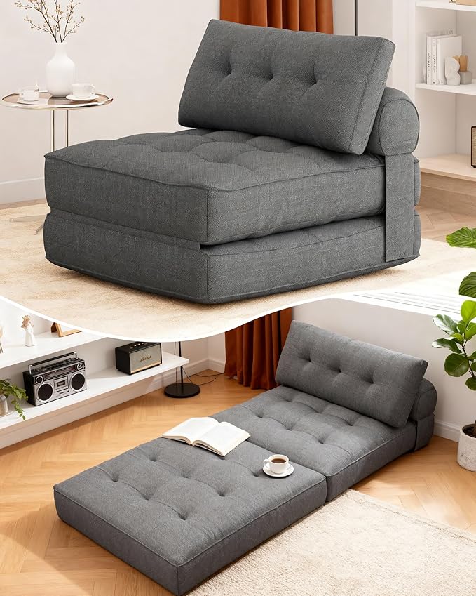KINGYES Folding Chair Bed, 3 in 1 Convertible Sleeper Chair with Pillow, Foldable Futon Chair for Living Room, Gray