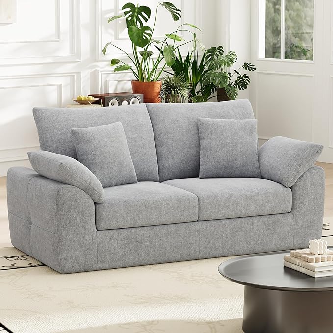 MALOL 76" Boneless Loveseat Sofa, Cloud Foam Couch, 3 Seater Upholstered Midcentury Mondern Love Seat, Wide Armrest and 4 Pillows for Home Living Room/Small Spaces, No Assembly Required, Grey
