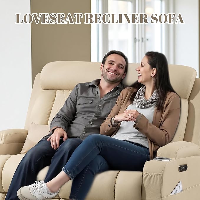 Zero Wall Hugger Power Reclining Sofa Set with Adjustable Headrest, Electric Reclining Couch with Drop-Down Table, Reclining Sofa and Loveseat Set for Living Room (Beige, Sofa+Loveseat)