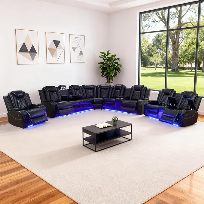 Leather Power Recliner Sectional Sofa Set with LED Light,L Shaped Leather Couch Set with 5 Recliner Seats,Modular Sofa with USB Port for Living Room Furniture(Black,Sectional+Loveseat+Chair)
