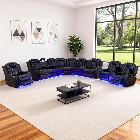 Leather Power Recliner Sectional Sofa Set with LED Light,L Shaped Leather Couch Set with 5 Recliner Seats,Modular Sofa with USB Port for Living Room Furniture(Black,Sectional+Loveseat+Chair)