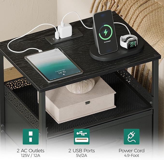 Nightstand Set of 2, Night Stands with Charging Station, 26.4 Inch Tall Bedside Table with Metal Shelf, Modern Side End Table with 3 Fabirc Drawers, Small Dresser for Bedroom, Black