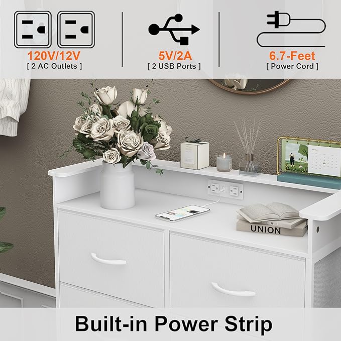 White Dresser for Bedroom with Power Outlets and LED Lights Narrow 8 Fabric Drawers Dressers Tall Storage Tower Unit for Entryway Closet Hallway Living Room Sturdy Steel Frame Wooden Top