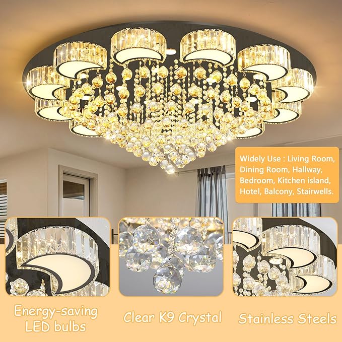 47'' Black Modern Crystal Chandeliers for Dining Room LED Dimmable Light Fixtures Flush Mount Light Living Room Bedrooms