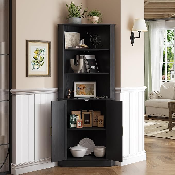 Farmhouse Corner Cabinet with LED Light, 67" Tall Bathroom Cabinet with 2 Doors and 3 Tier Shelves, Free Standing Corner Storage Cabinet for Living Room or Kitchen, Black