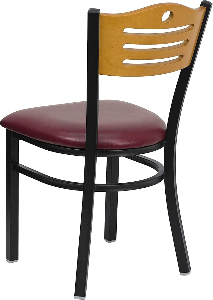 Flash Furniture HERCULES Series Black Slat Back Metal Restaurant Chair - Natural Wood Back, Burgundy Vinyl Seat