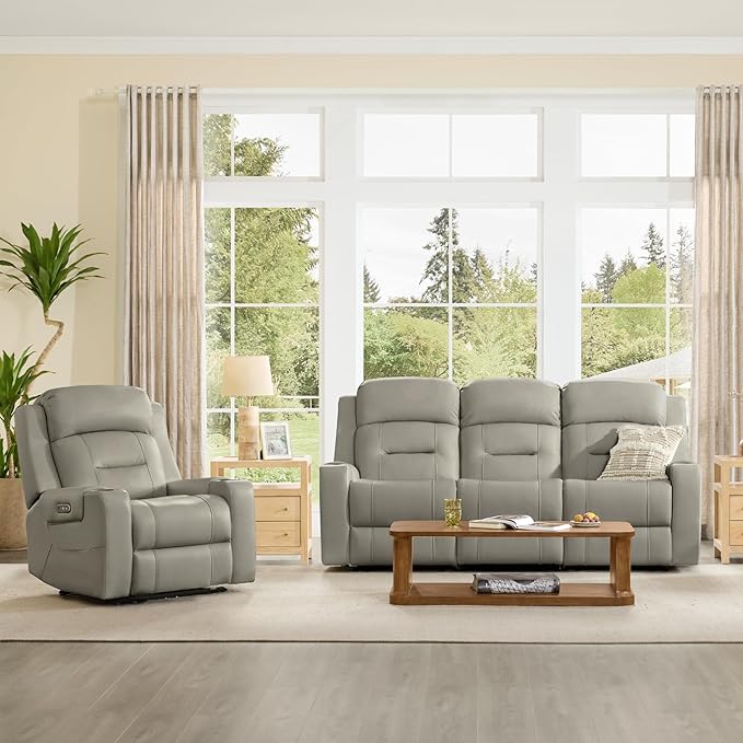 Watson & Whitely Genuine Leather Power Reclining Sofa, 3-Seater Lay Flat Recliner Sofa with Power Headrest, Cup Holders, USB & Type-C Ports, Electric Reclining Couch for Living Room, Grey