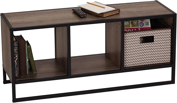 Household Essentials Jamestown TV Stand Coffee Table with Square Cube Storage Compartments Ashwood Rustic Wood Grain and Black Metal