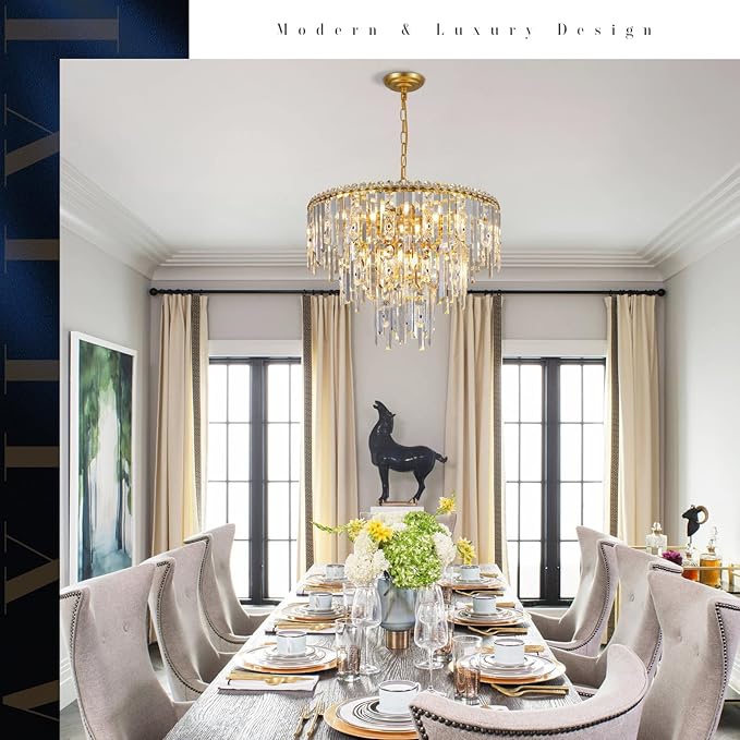 Gold Crystal Chandeliers, 24” Modern Round Chandelier for Dining Room 3 Tiers 12 Lights Ceiling Pendant Light Fixtures Large Ceiling Chandeliers for Foyer Living Room Bedroom