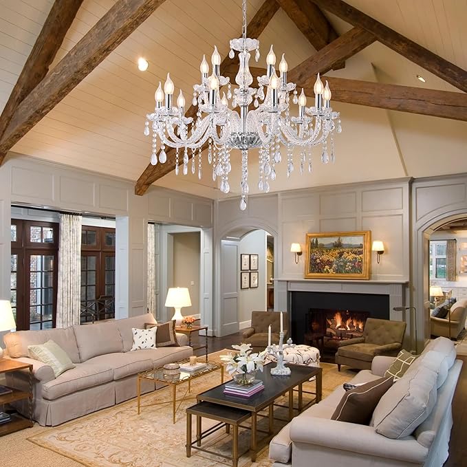 YYSHCHEN Clear Large Crystal Chandelier,15 Lights Large Chandelier for Dining Room, Living Room,Bedroom,Hallway,Entry Way 30.7"