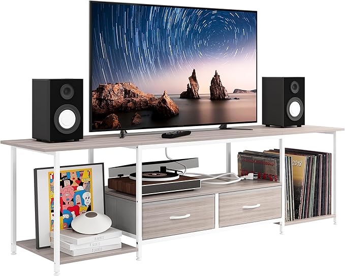 TQVAI 70 Inch TV Stands, Farmhouse Television Stand with Storage Drawer & Opening Shelves for Living Room Bedroom Dorm TV Consoles Entertainment Center with Power Outlets, Retro Grey/White