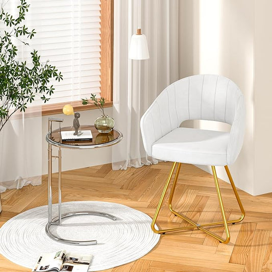 VECELO Velvet Accent Chair, Luxury Vanity & Dining Chair with Gold Cross Base, 360°Swivel Upholstered Armchair for Living Room, Bedroom, Home Office, Pearl White