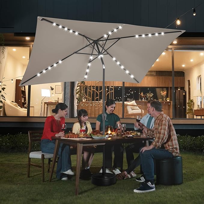 6.5x10 FT LED Lighted Rectangular Patio Umbrella, Rectangular Solar Umbrella Outdoor with Center Ring Light 28 LED Lights, Rectangle Table Umbrella for Deck, Backyard, Pool, Beach (Taupe)