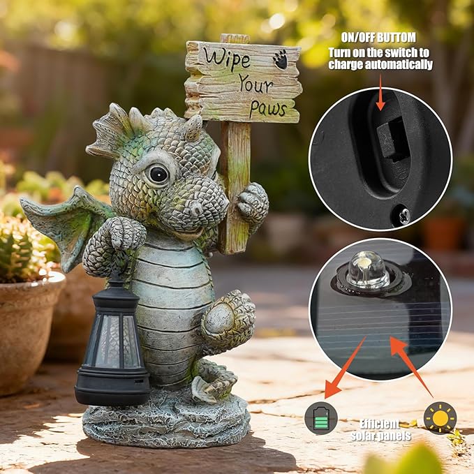 Solar Dragon Garden Statue with Lantern, Resin Outdoor Yard Decor Figurine, Waterproof Solar Powered Light for Patio, Lawn, Walkway & Front Porch (Dragon)