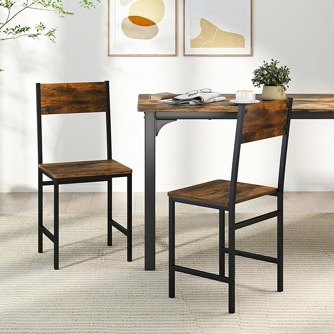 COSTWAY Dining Chairs Set of 2, Rustic Wood & Metal Frame Industrial Farmhouse Armless Side Chairs with Wide Comfy Seat & Slanted High Back for Dining Room, Kitchen, Home, Restaurant