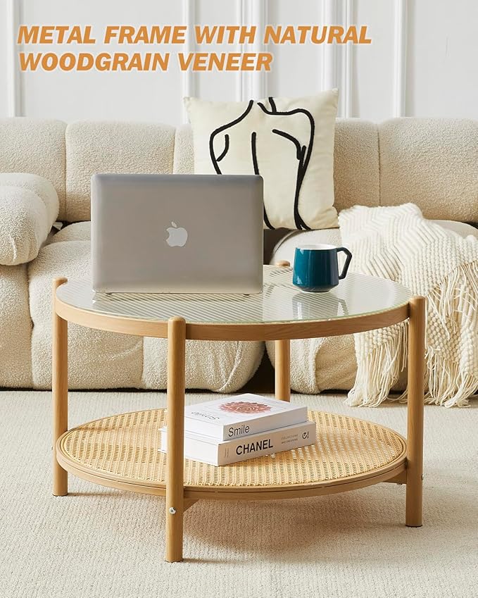 COSVALVE 27.5" Boho Rattan Coffee Table, Round Glass Metal Center Table, Modern Simple 2 Tier Middle Table for Small Space Living Room Bedroom Office Meeting Room