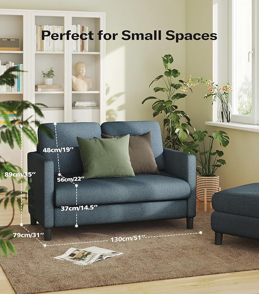 Welzona Loveseat, 51" Small Couch, Comfy Teddy Love Seat for Living Room, Tool-Free Setup Loveseat Sofa for Small Spaces, All-Wood Small Sofa Couch for Bedroom, No Pillow Included, Blue Grey