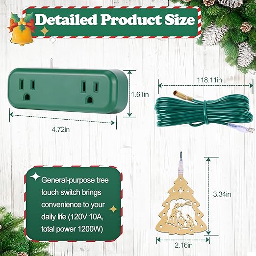 Touch Light Switch Christmas Tree Shaped Decoration Pendant Universal 3-Pin Socket Plug 118.1in Cord Total Power 120V 10A 1200W，Smart Touch Switch for Indoor Home Appliances Christmas Light String
