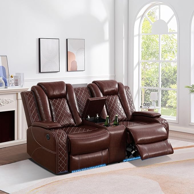 Breathing Leather Power Reclining Loveseat, Living Room Furniture with 2 Recliners, 2-Seater Leather Couch with Storage Console/Cup Holders for Home/Office (Auburn, Loveseat)