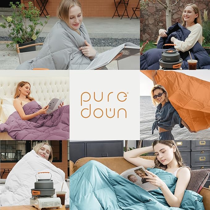 puredown® Soft Feather Down Throw Blanket Lightweight Packable Couch Throw for Indoor and Outdoor Use,Throw 50"X70", Orange